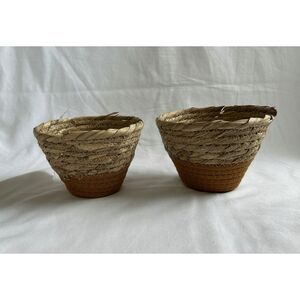 Two-Tone Tan Woven Basket Set, Small 5.5x4 Inches, Plants, Decoration